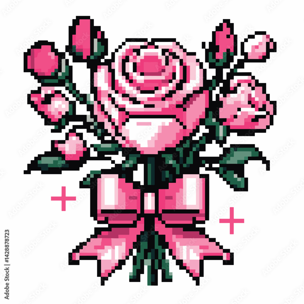 Fototapeta premium Retro Pink Rose Bouquet Pixel Art with Bow and Blossoms