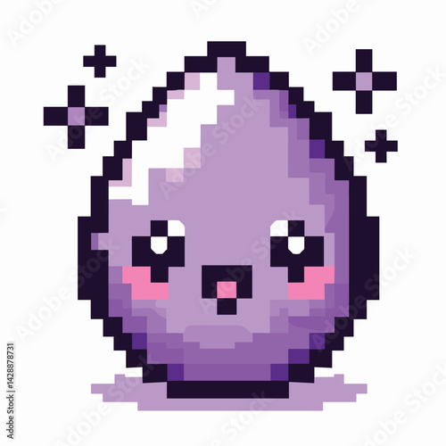 Cute Purple Pixel Art Egg with Happy Face and Sparkles
