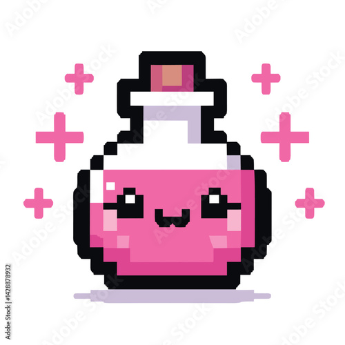 Cute Pixel Art Potion Bottle with Smiling Face and Magical Pink Liquid
