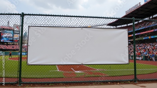 baseball field urban. Blank banner on a chain-link fence at a baseball field, with a cloudy sky in the background and an audience in the stands.
