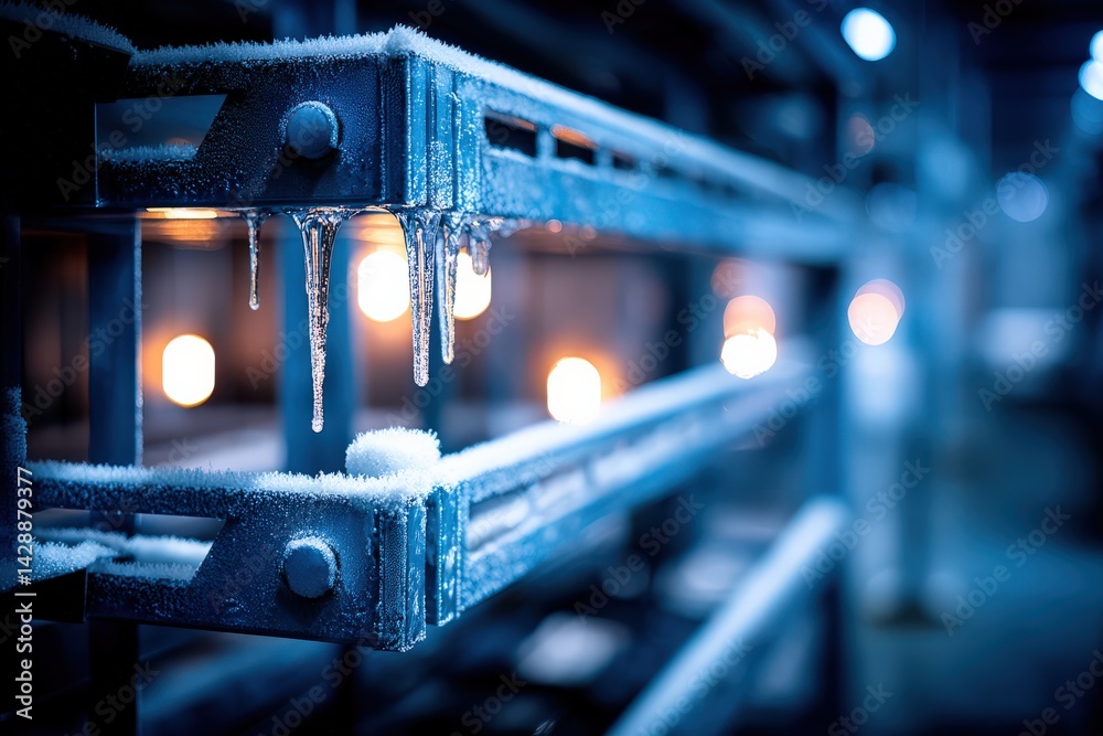 Frosted Metal Shelves with Icicles and Soft Blue Lighting at Night
