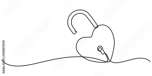 Continuous line drawing heart shaped lock. Love concept. Vector illustration, lock continuous one line drawing minimalist single line art, padlock with key hole. Padlock shaped love line art vector. 