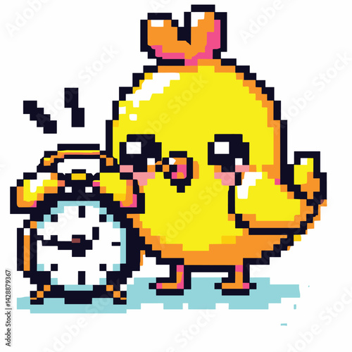 Pixel Art Chick and Alarm Clock Cartoon Illustration