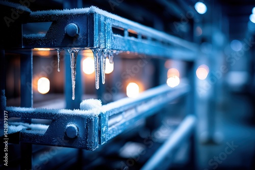 Obraz na płótnie Frosted Metal Shelves with Icicles and Soft Blue Lighting at Night w salonie
