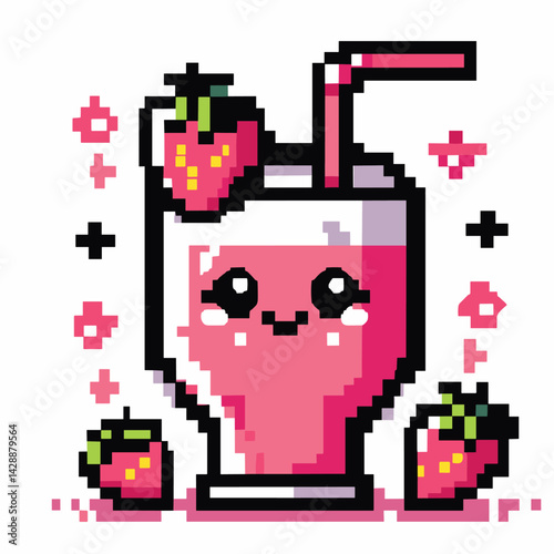 Cute Pixel Art Strawberry Drink with Straw and Smile