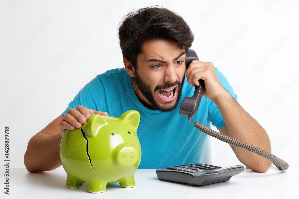 Frustrated man with broken piggy bank making call on phone