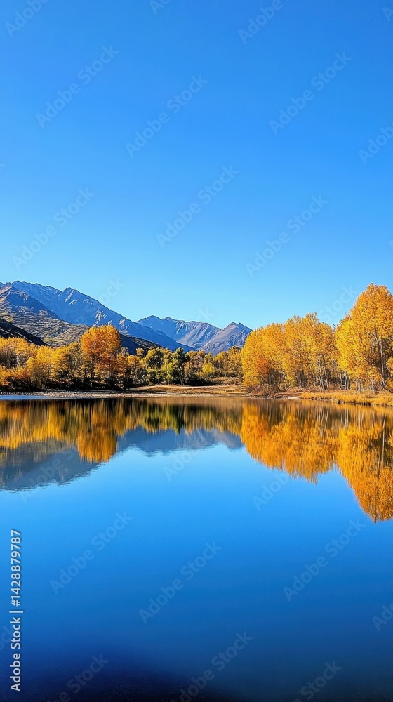 Golden trees reflected in calm blue lake, mountains. Golden trees reflected in calm blue lake, mountains.