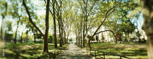 Panoramic walkway passing through park, McGolick Park, Greenpoint, Brooklyn, New York City, New York State, USA.