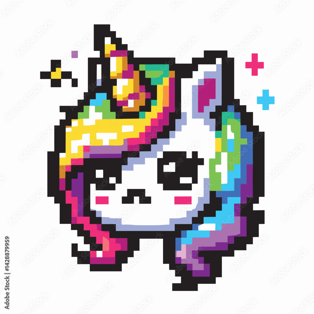 Fototapeta premium Vibrant Pixel Art Unicorn Illustration with Rainbow Mane and Sparkles