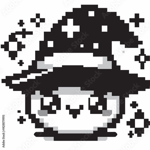 Pixel Art Cute Wizard Cat with Stars