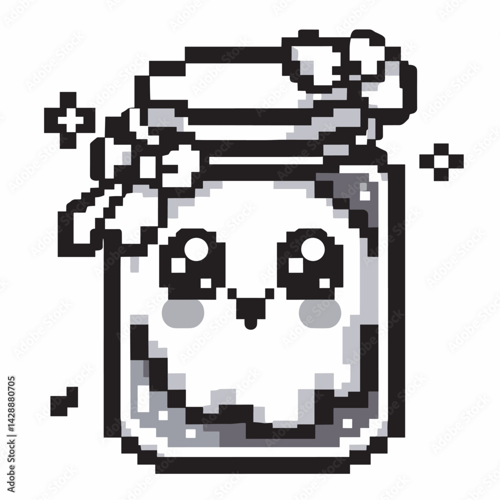 Fototapeta premium Cute Pixel Art Jar with Face and Flowers - Kawaii Black and White Illustration
