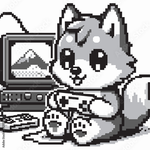 Pixel Art Cute Fox Playing Retro Video Games in Black and White Style