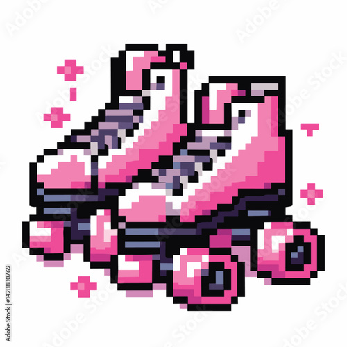 Retro Pixel Art Pink Roller Skates with Stars and Crosses