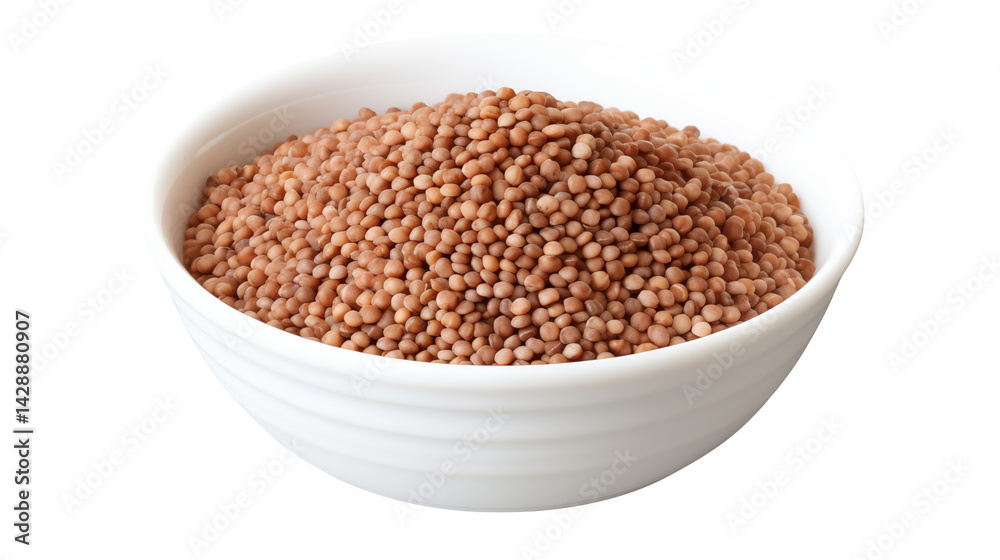 Close up of a white bowl filled with brown lentils on a white background isolated on transparent background Close up of a white bowl filled with brown lentils on a white background isolated on transparent background