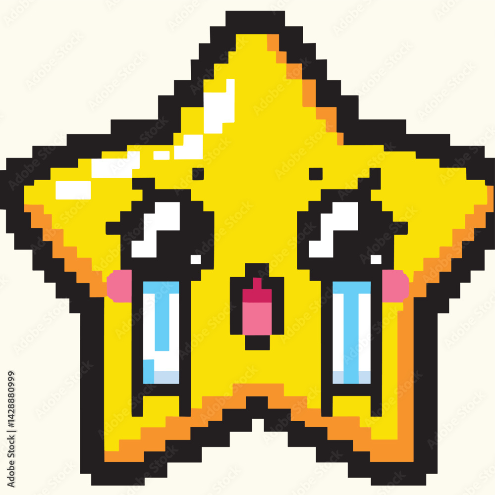 Obraz premium Crying Pixel Star Emoticon in Retro Pixel Art Style