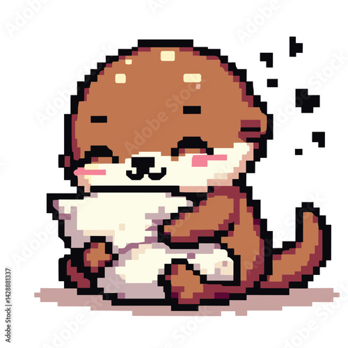 Cute Pixel Art of Otter Hugging Pillow - Adorable Retro Illustration