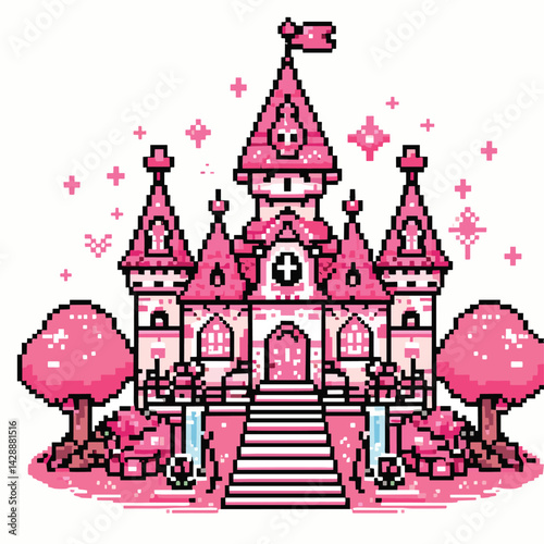 Pixel Art Pink Castle Fantasy Whimsical Fairytale Landscape Illustration