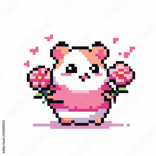 Cute Hamster Holding Flowers in Pixel Art Style