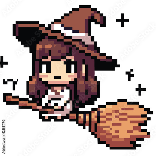Pixel Witch on Broomstick with Magical Sparkles - 8-Bit Style Illustration