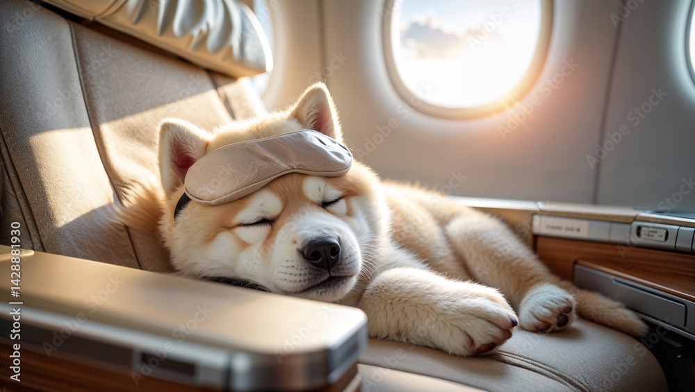 Akita inu dog sleeps with sleep mask on plane
