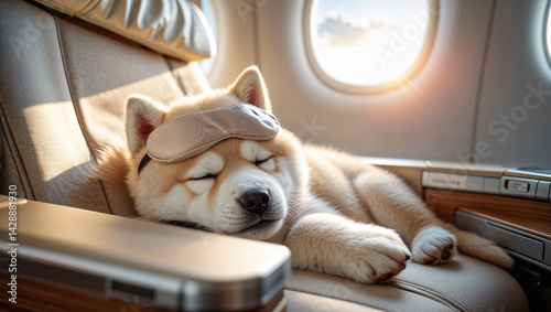 Obraz na płótnie Akita inu dog sleeps with sleep mask on plane w salonie