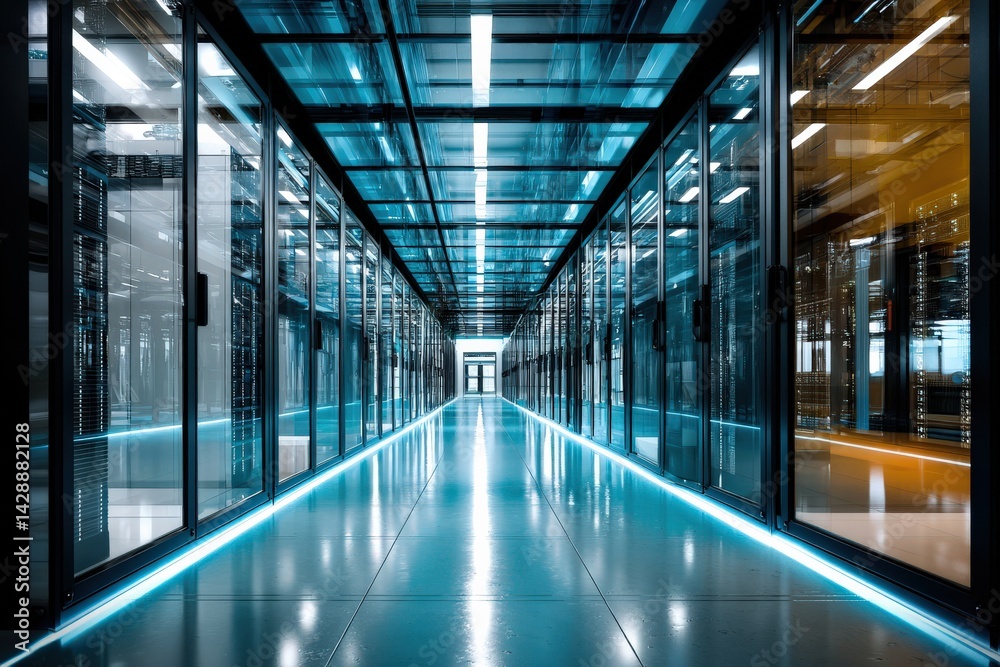 Futuristic Data Center Corridor with Illuminated Path in Technology Hub