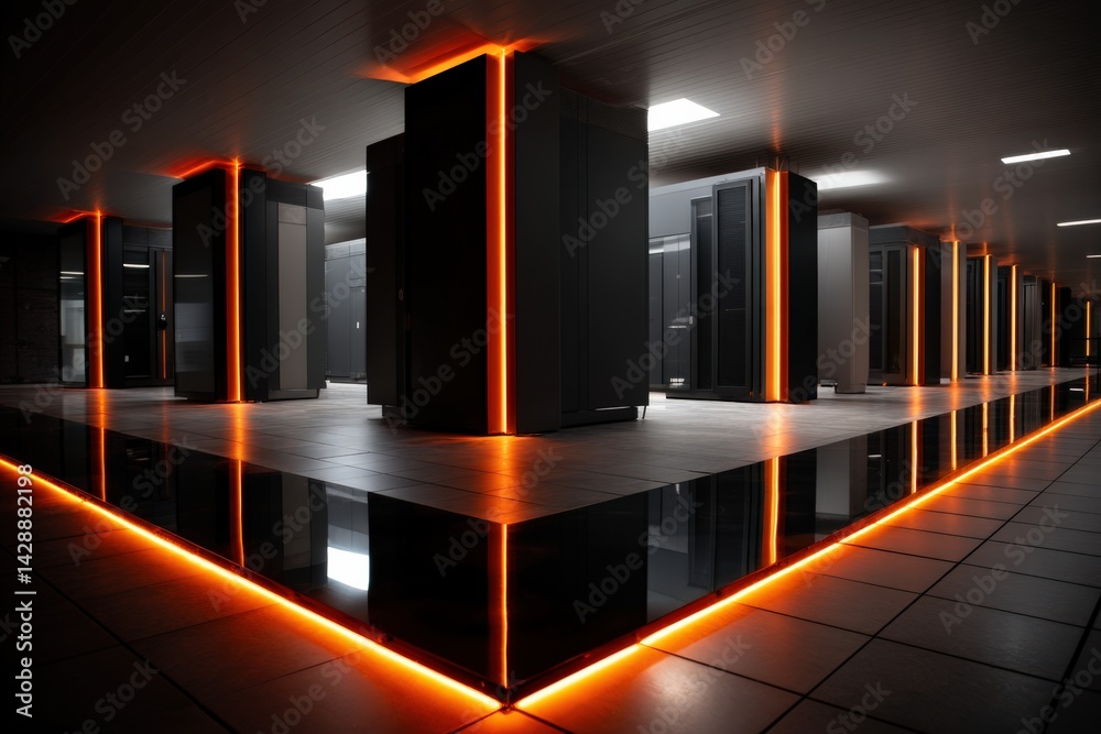 Futuristic Data Center Interior with Neon Lighting and Modern Design