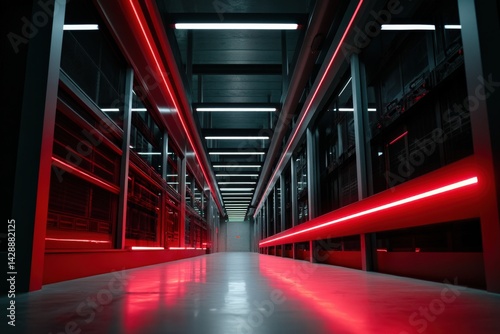 Obraz na płótnie Futuristic Data Center Aisle with Red Neon Lighting and Modern Design w salonie