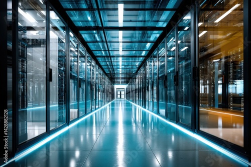 Obraz na płótnie Futuristic Data Center Corridor with Illuminated Path in Technology Hub w salonie