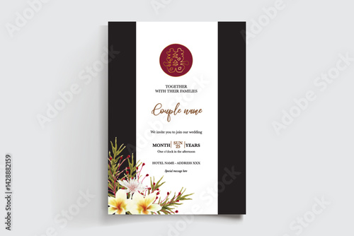 WEDDING INVITATION FRAME WITH FLOWER DECORATIONS AND FRESH LEAVES