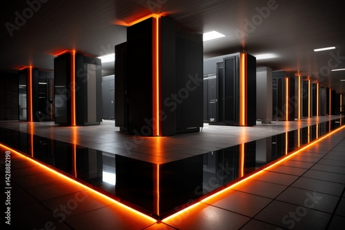 Futuristic Data Center Interior with Neon Lighting and Modern Design