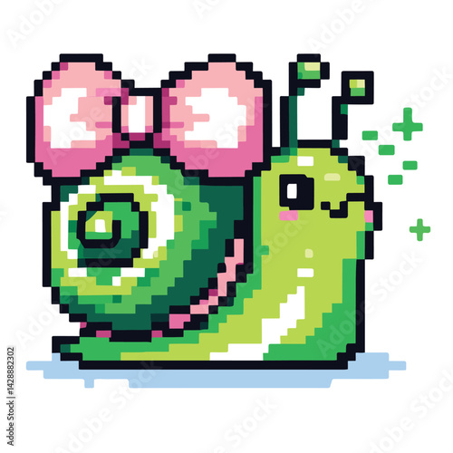 Cute Pixel Art Snail with Pink Bow - Retro Digital Illustration