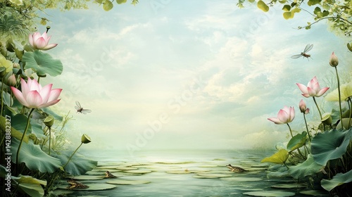 Serene pond scene: pink flowers, frogs, dragonflies.