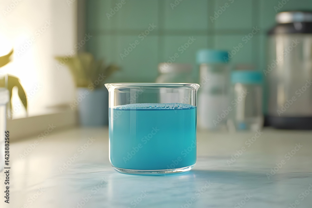 Turquoise Liquid in Glass Beaker on Marble Countertop Kitchen Setting Turquoise Liquid in Glass Beaker on Marble Countertop Kitchen Setting