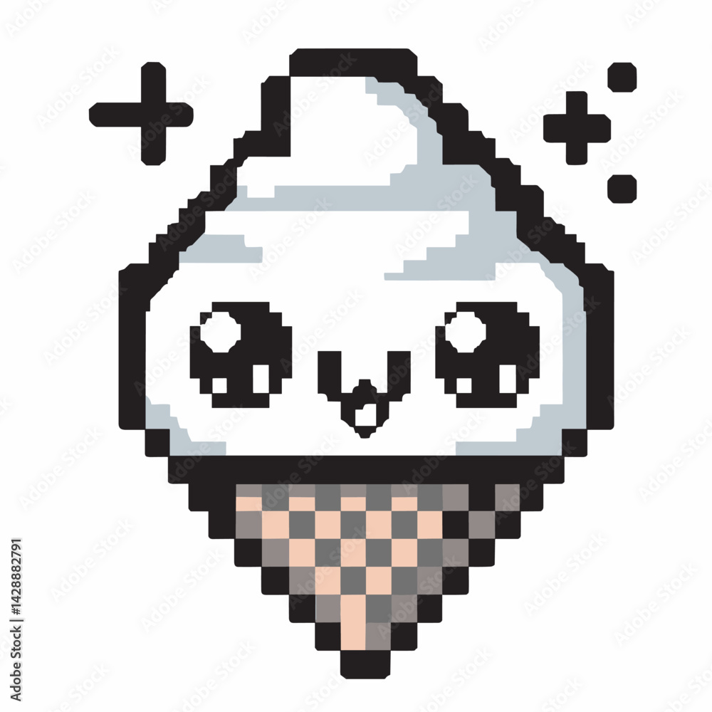 Obraz premium Cute Pixel Art Ice Cream Cone with Kawaii Face and Sparkles
