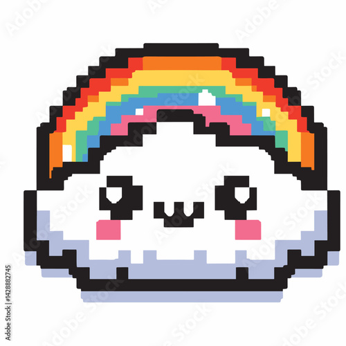 Cute Pixel Art Cloud with Rainbow Colors and Kawaii Expression