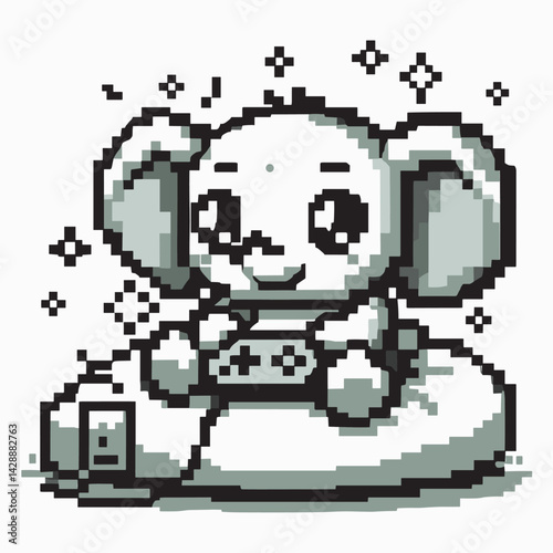 Cute Pixel Art Elephant Gamer Playing Console Game