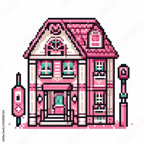 Charming Pink House Pixel Art Illustration