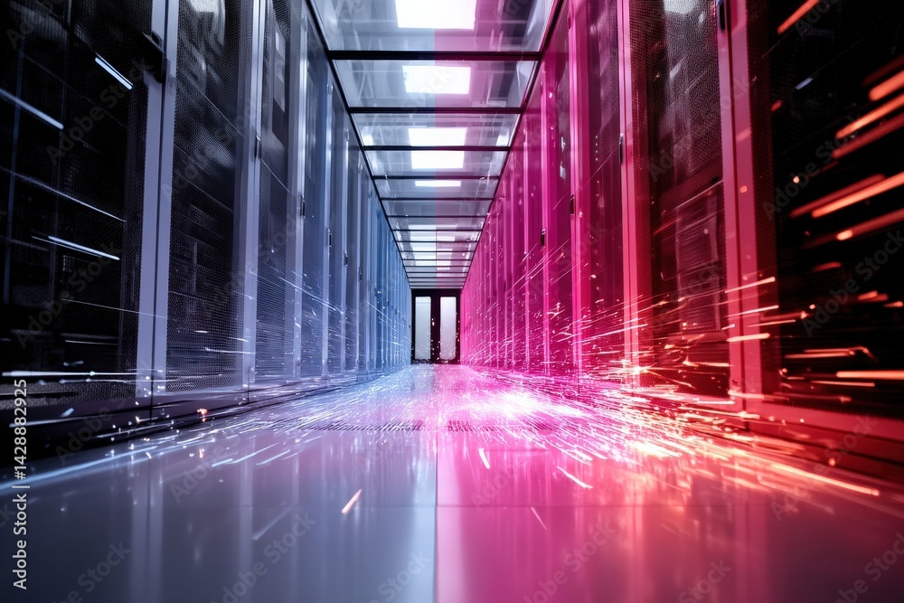 Futuristic Data Center with Glowing Light Trails and Servers