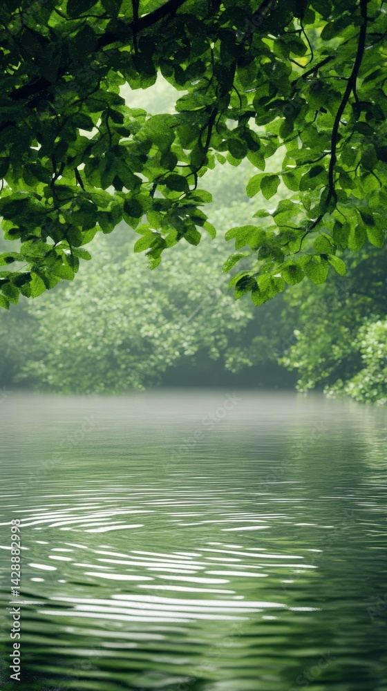 Green leaves frame tranquil, rippling water. Green leaves frame tranquil, rippling water.