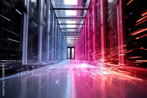 Obraz na płótnie Futuristic Data Center with Glowing Light Trails and Servers w salonie