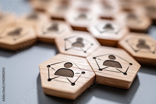 A group of wooden blocks with people on them arranged in a hexagonal pattern