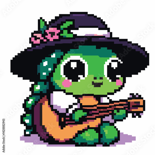 Cute Dinosaur Playing Guitar in Pixel Art with Hat
