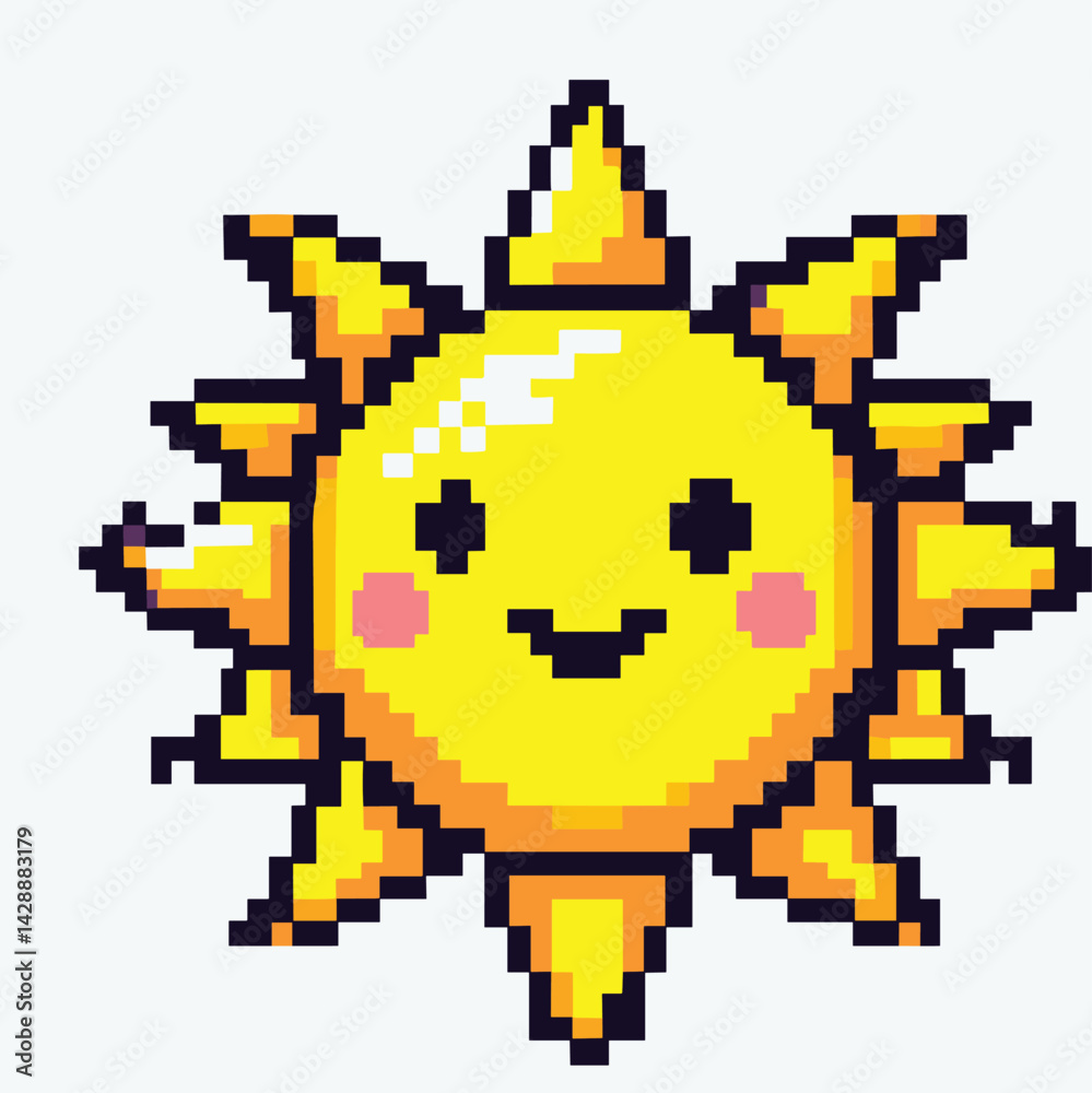 Fototapeta premium Cute Pixel Art Sun with Cheerful Face in Retro Style