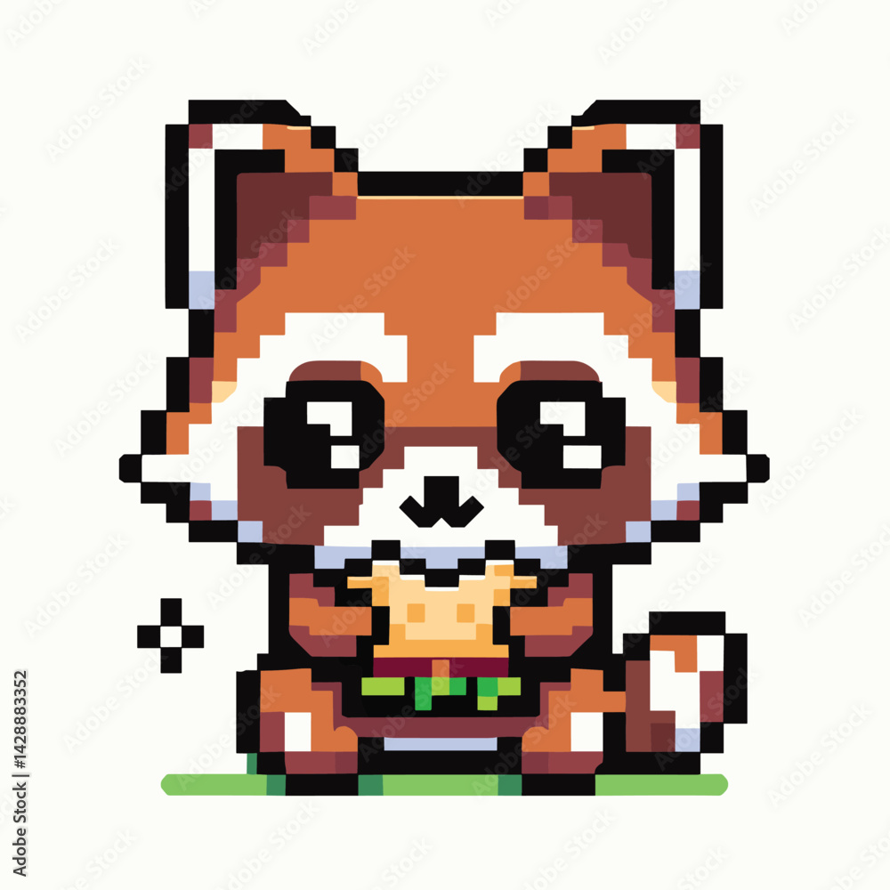Fototapeta premium Adorable Pixel Art Red Panda Eating Snack