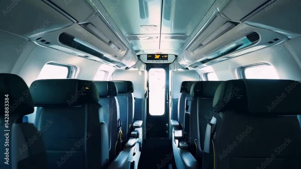 Empty Modern Airplane Cabin Interior Moving Down Aisle Travel Scene