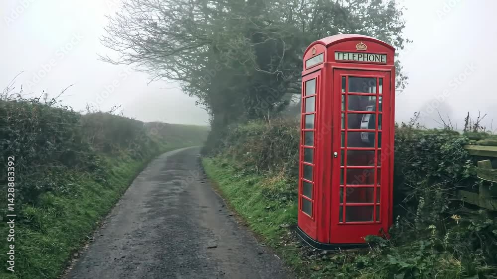 Iconic Red British Telephone Box on Foggy Rural Country Lane Iconic Red British Telephone Box on Foggy Rural Country Lane