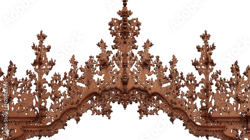 Intricate copper crown design, ornate detailing, symmetrical, isolated on white background. Detailed filigree work, rich brown tones, regal and elegant aesthetic.  Suitable for various design