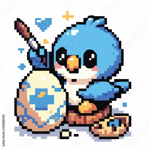 Cute Pixel Art Penguin Painting an Easter Egg in Retro Style