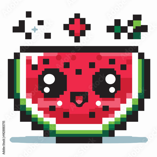 Adorable Pixel Art Watermelon Character with Cute Expression